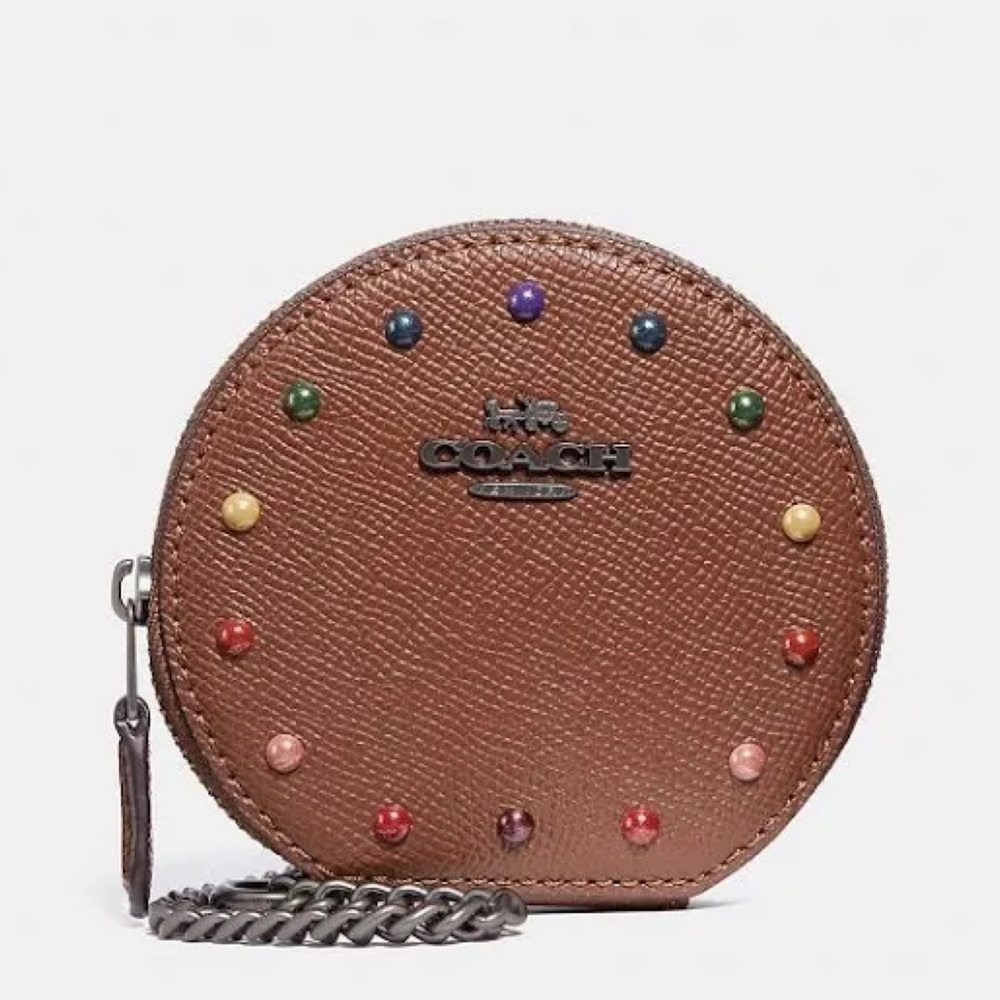 COACH ROUND COIN CASE RAINBOW RIVETS 
DARK SADDLE PRIDE ANTIQUE NICKEL F31574